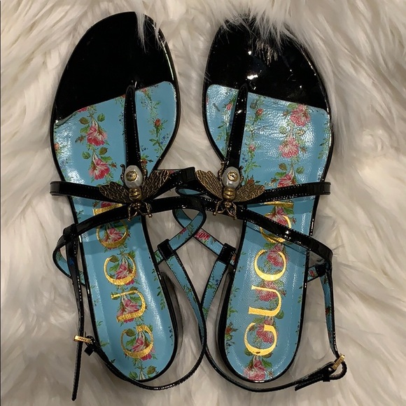 Gucci Patent Leather Bee Sandals - Picture 2 of 5